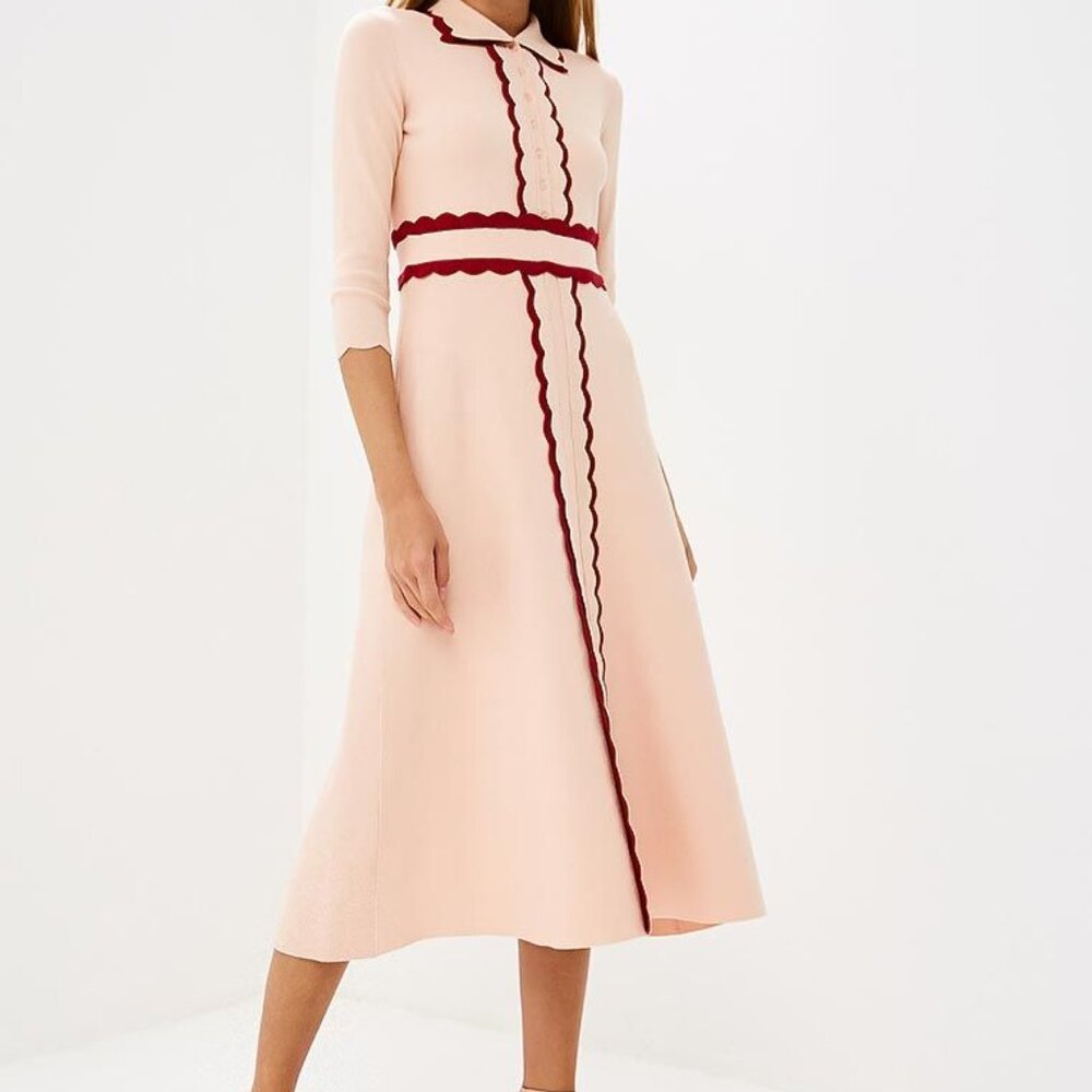 Elisabetta Franchi Maxi Knitted Light Pink Dress w/ Coral Scallop Accents Size M